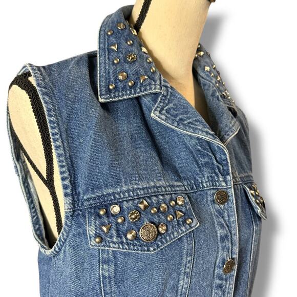 VTG Y2K Metal Studded Bedazzled Rhinestone Crop Blue Denim Jean Vest Size Small - Picture 2 of 11